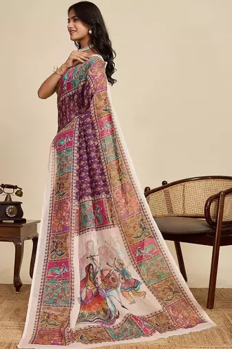 Purple linen printed saree with blouse