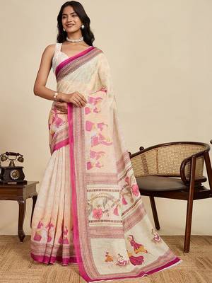 Cream linen printed saree with blouse 1