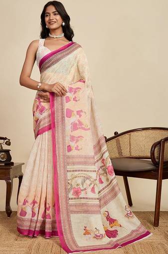 Cream linen printed saree with blouse