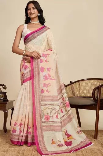 Cream linen printed saree with blouse