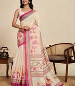 Cream linen printed saree with blouse