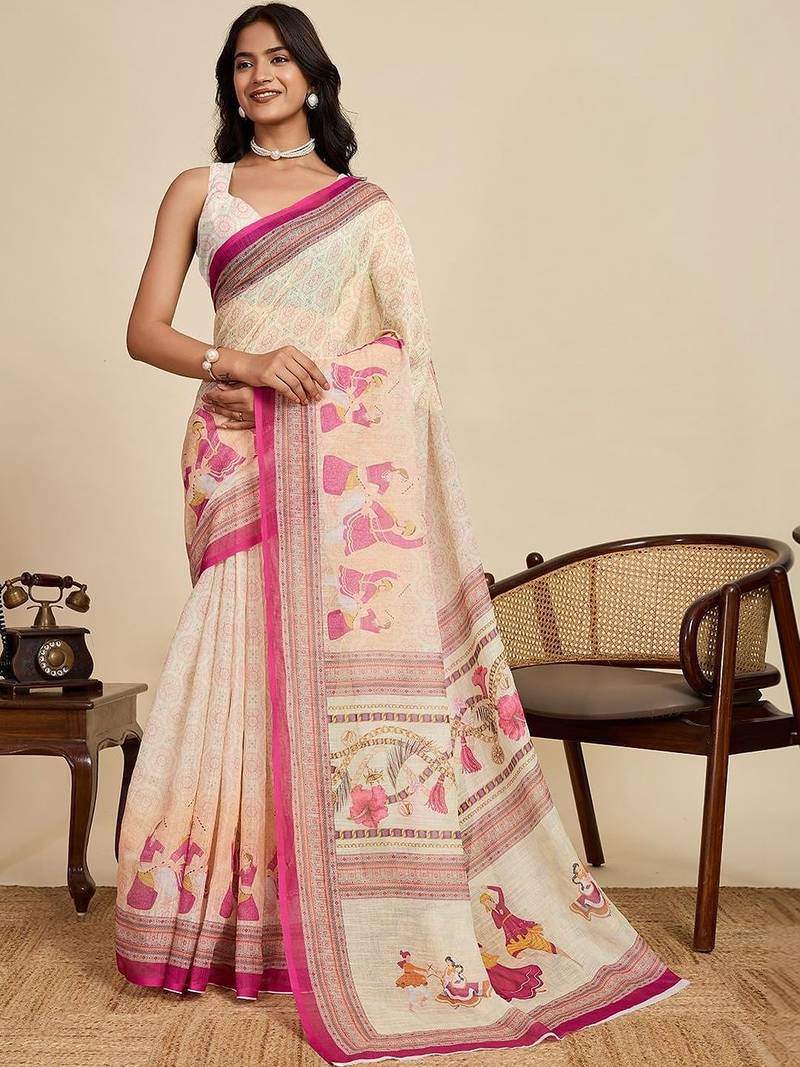 Cream linen printed saree with blouse