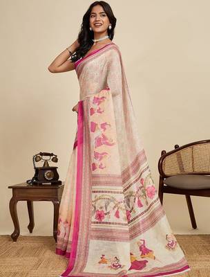 Cream linen printed saree with blouse 3