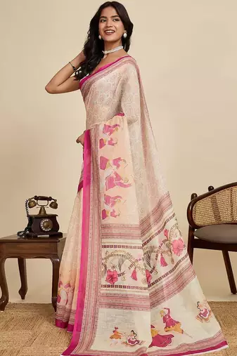 Cream linen printed saree with blouse