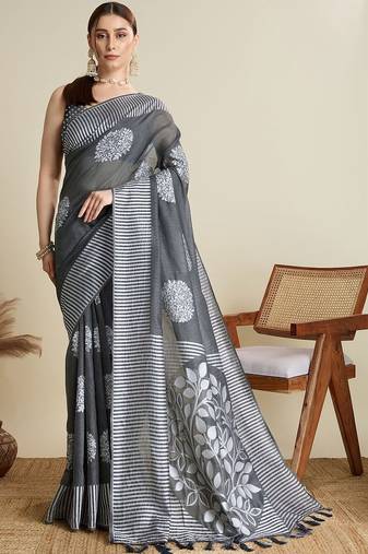 Grey silk blend woven design saree with blouse