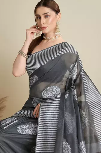 Grey silk blend woven design saree with blouse
