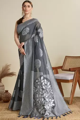 Grey silk blend woven design saree with blouse
