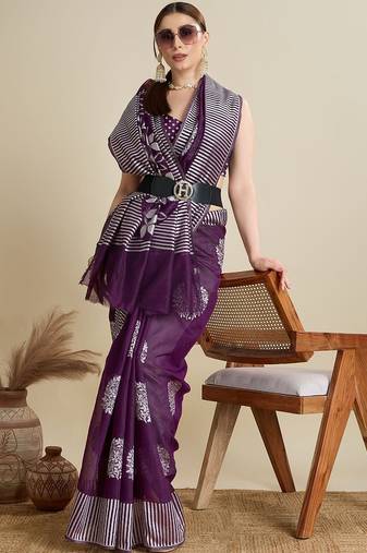 Purple silk blend printed saree with blouse