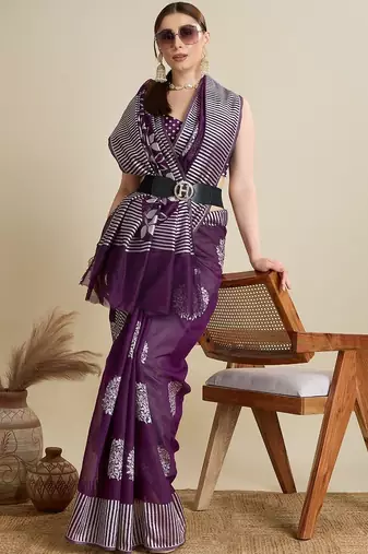 Purple silk blend printed saree with blouse