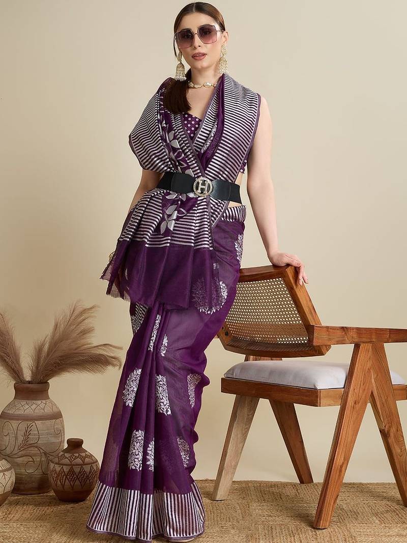 Purple silk blend printed saree with blouse