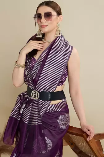 Purple silk blend printed saree with blouse