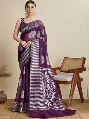 Purple silk blend printed saree with blouse 3