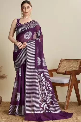 Purple silk blend printed saree with blouse