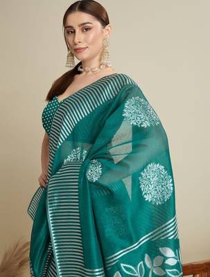 Teal silk blend printed saree with blouse 1