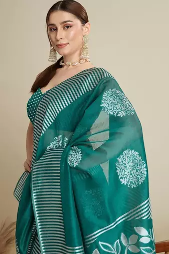 Teal silk blend printed saree with blouse