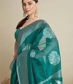 Teal silk blend printed saree with blouse