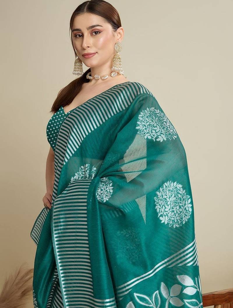 Teal silk blend printed saree with blouse