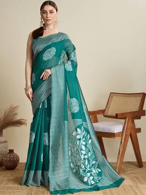 Teal silk blend printed saree with blouse 2