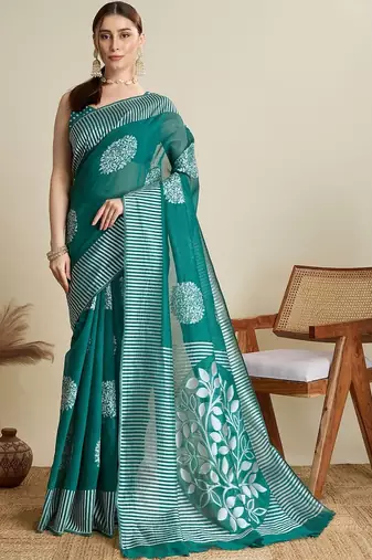 Teal silk blend printed saree with blouse