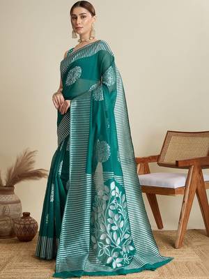 Teal silk blend printed saree with blouse 3