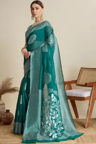 Teal silk blend printed saree with blouse