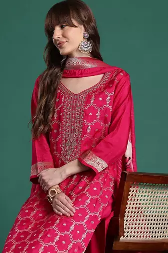Ethnic Motifs Embroidered Regular Kurta With Trousers & Dupatta