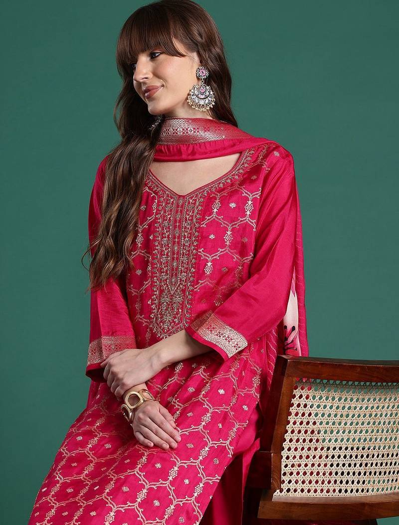 Ethnic Motifs Embroidered Regular Kurta With Trousers & Dupatta