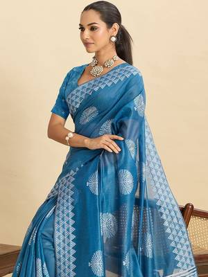 Blue silk blend printed saree with blouse 1