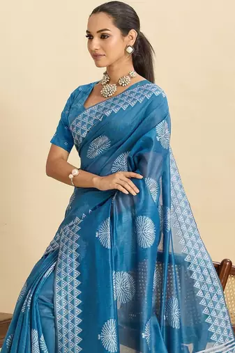 Blue silk blend printed saree with blouse