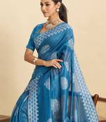 Blue silk blend printed saree with blouse