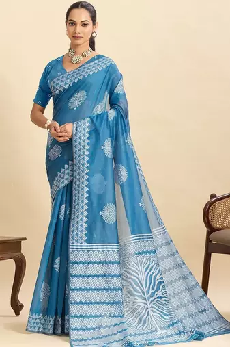 Blue silk blend printed saree with blouse
