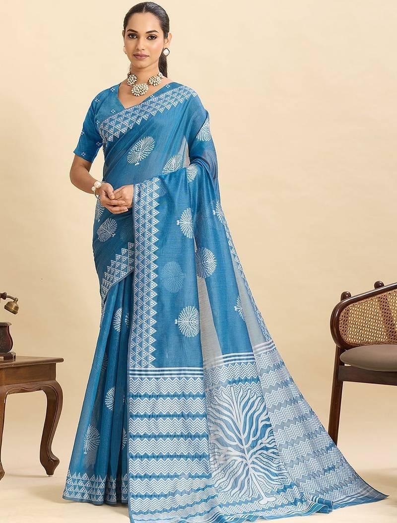 Blue silk blend printed saree with blouse