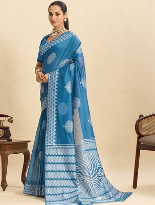 Blue silk blend printed saree with blouse 3