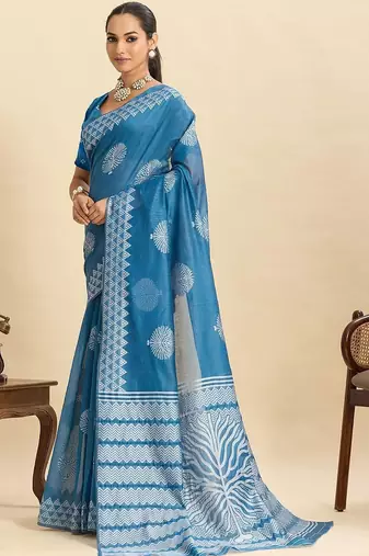 Blue silk blend printed saree with blouse