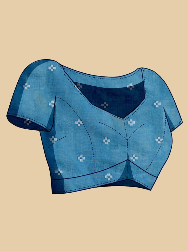 Blue silk blend printed saree with blouse