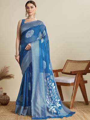 Blue silk blend printed saree with blouse 1