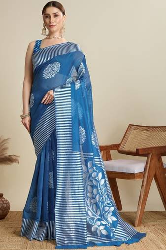 Blue silk blend printed saree with blouse