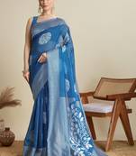 Blue silk blend printed saree with blouse