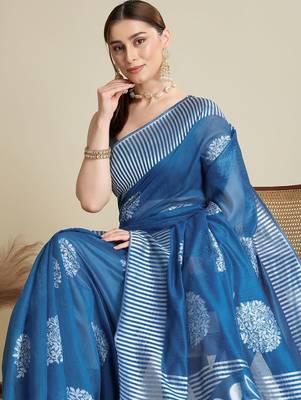 Blue silk blend printed saree with blouse 2
