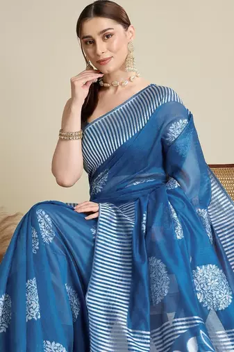 Blue silk blend printed saree with blouse