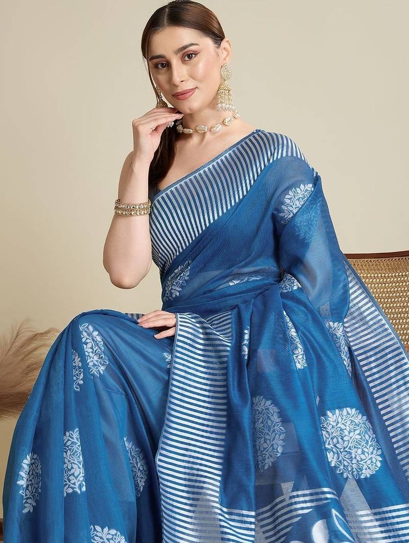 Blue silk blend printed saree with blouse