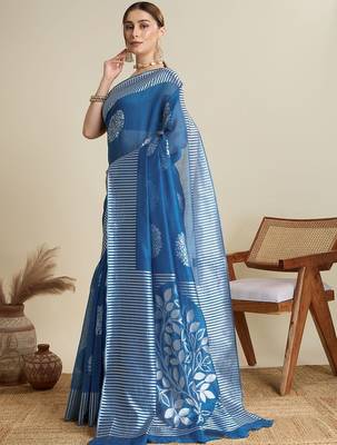 Blue silk blend printed saree with blouse 3