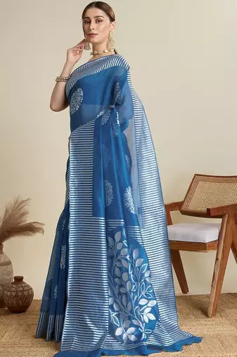 Blue silk blend printed saree with blouse