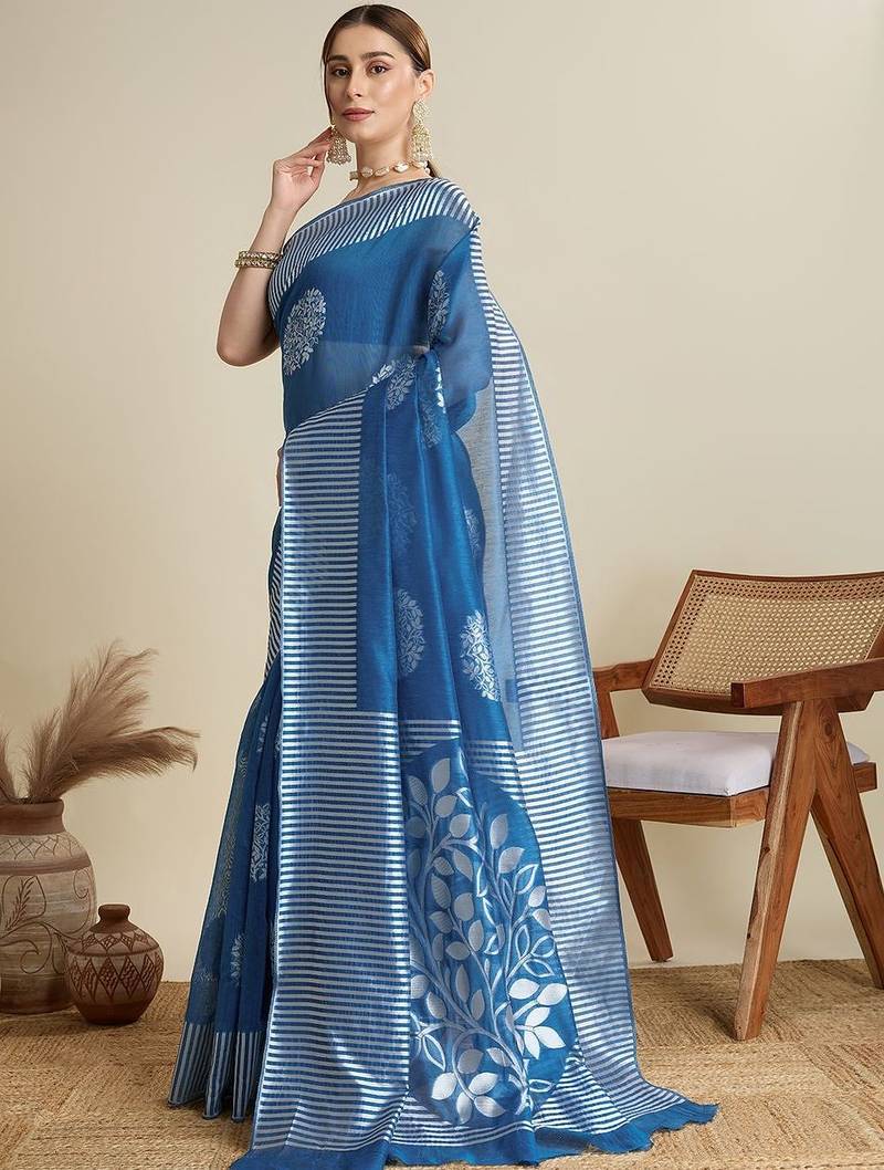 Blue silk blend printed saree with blouse