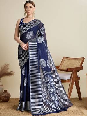 Navy blue silk blend woven design saree with blouse 1