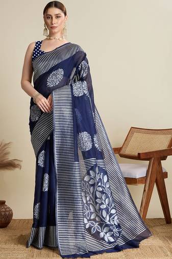 Navy blue silk blend woven design saree with blouse