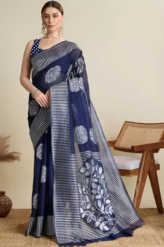 Navy blue silk blend woven design saree with blouse