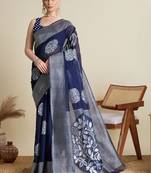 Navy blue silk blend woven design saree with blouse