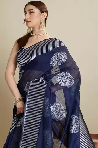 Navy blue silk blend woven design saree with blouse