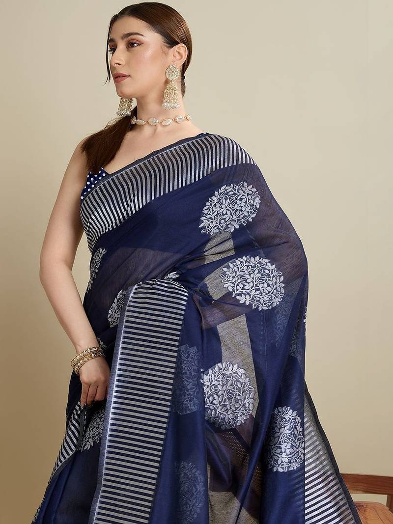 Navy blue silk blend woven design saree with blouse